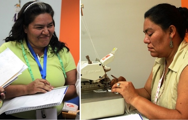 左邊的照片為一位女性脖子上掛有布尺，右邊則為另一位女性在使用裁縫機。