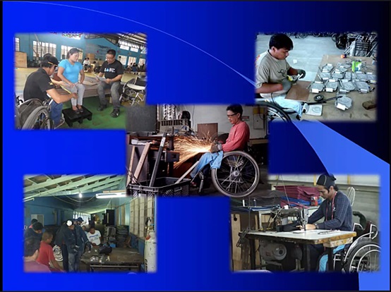 有五張圖呈現身心障礙者在輪椅工廠製作輪椅的情形